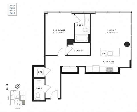 Floor plan for 1 bed, 1.5 baths, 805 sqft